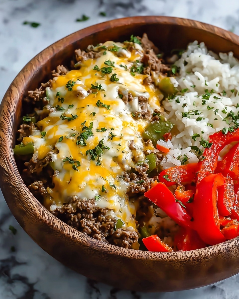 The image shows a bowl with three main layers. The bottom layer is white rice, fluffy and spread evenly around half of the bowl. On top of the rice, there is a mixture of cooked ground beef and vegetables including green bell peppers and mushrooms, with melted yellow and white cheese covering most of this layer and sprinkled with small pieces of fresh green herbs. The last layer, positioned beside the beef and rice, is made of bright red sliced bell peppers, fresh and slightly shiny, also garnished with green herbs. The bowl is a round wooden one, set on a white marbled surface. Photo taken with an iphone --ar 4:5 --v 7