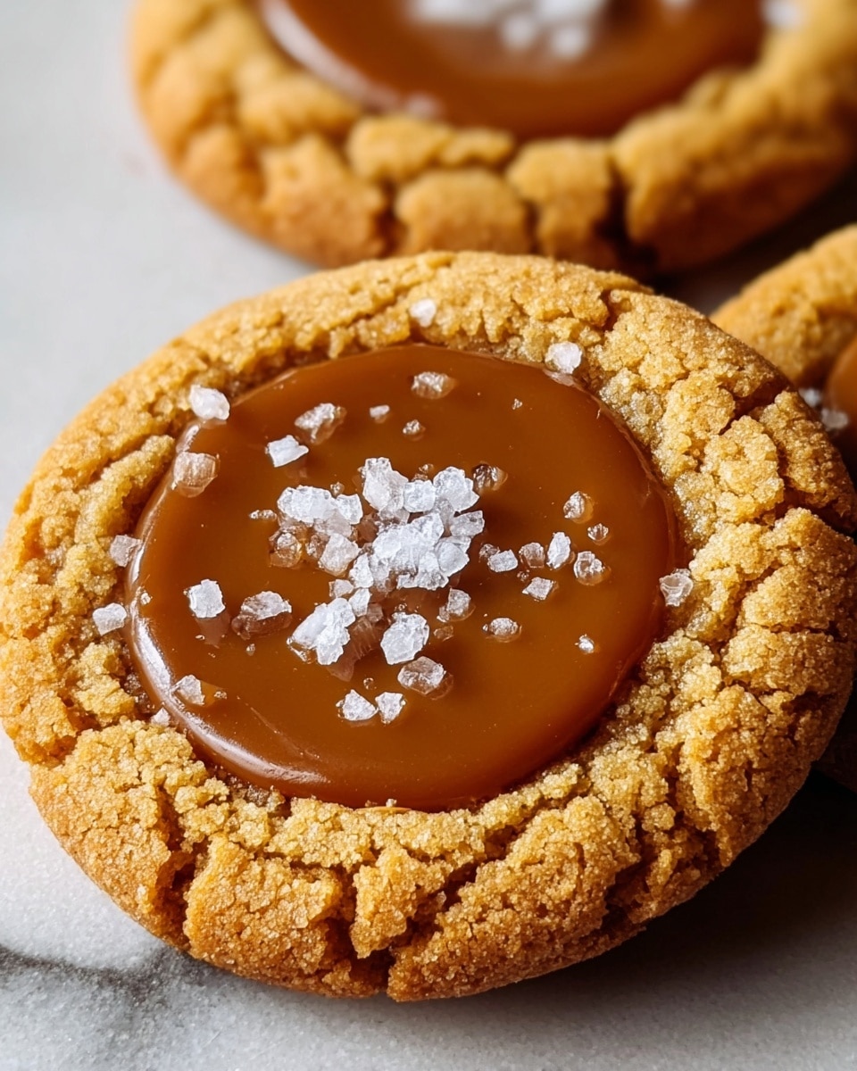 The image shows a close-up of a cookie with two visible layers. The bottom layer is a rough-textured, golden-brown cookie base, cracked slightly with a crumbly appearance. The top layer is a smooth, shiny caramel circle placed in the center of the cookie, topped with a sprinkling of coarse white sea salt crystals. The cookie rests on a white marbled surface. photo taken with an iphone --ar 4:5 --v 7
