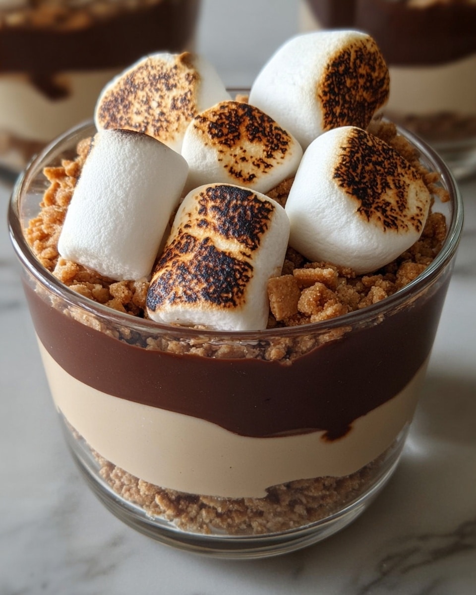 The image shows a close-up of a three-layered dessert in a clear glass container. The bottom layer is a smooth, light beige cream, followed by a crunchy golden brown layer of crumbled bits. The top layer is a rich, creamy chocolate mousse, deep brown in color and smooth in texture. On top, there are large white marshmallows, some toasted with golden brown and slightly charred spots, adding contrast. The dessert is placed on a white marbled surface, and in the background, there are similar desserts slightly out of focus. photo taken with an iphone --ar 4:5 --v 7
