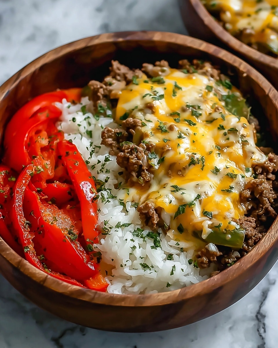 The dish is served in a round wooden bowl, layered from bottom to top with white rice, a mix of cooked ground beef and sliced green bell peppers, topped with melted yellow and white cheese, and sprinkled with chopped green herbs. On one side of the bowl, there are bright red slices of fresh bell pepper adding a pop of color and freshness. The bowl is placed on a white marbled textured surface, giving a clean and simple background. photo taken with an iphone --ar 4:5 --v 7