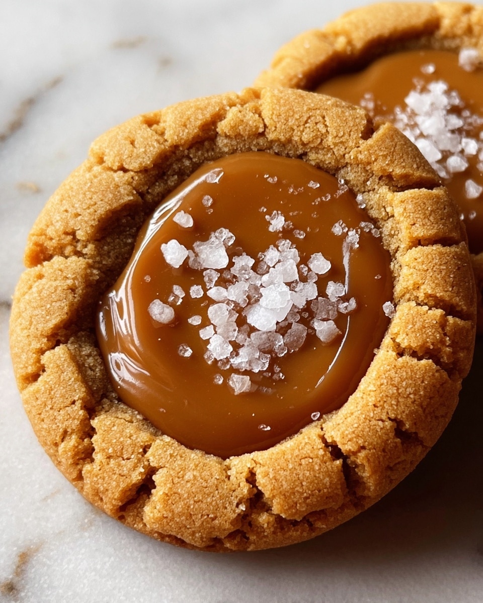 The image shows a close-up of a single cookie with two layers. The bottom layer is a thick, golden-brown cookie with a cracked texture, looking soft and crumbly. On top of this cookie layer in the center sits a smooth, glossy caramel layer that is dome-shaped and light brown. Scattered over the caramel are small white salt flakes that add texture and contrast. Behind the front cookie, there is a partial view of a second cookie with the same layers and details. The cookies rest on a white marbled texture surface. photo taken with an iphone --ar 4:5 --v 7