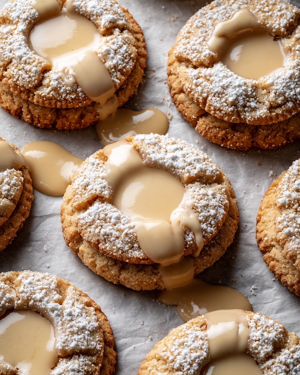 The image shows several round cookies on a white marbled surface, each cookie having a light golden-brown color with a rough texture and small cracks on the surface. Each cookie has a light cream-colored frosting dollop in the center with a smooth, shiny finish, and some have a woman's hand holding a spoon that is pouring more creamy frosting onto one cookie. The cookies are evenly spaced, and the overall look is warm and inviting with soft lighting. Photo taken with an iphone --ar 4:5 --v 7