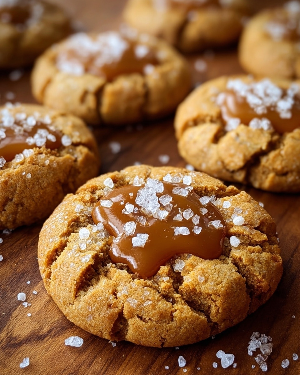 The image shows several round cookies with a golden-brown, textured outer layer that looks slightly crumbly. Each cookie has a smooth, lighter brown center topped with coarse white salt flakes. Small dollops of shiny caramel sauce are placed around the center, contrasting with the matte cookie dough. The cookies rest on a surface with a white marbled texture, and steam rises gently from the closest cookie, showing they are warm. Photo taken with an iphone --ar 4:5 --v 7