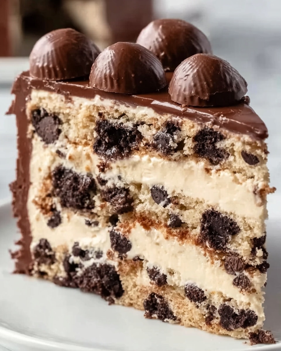 The image shows a close-up slice of a layered cake with three distinct layers. The bottom and middle layers are light brown with a crumbly texture, mixed with dark chocolate chips, giving a speckled look. Between these layers is a thick, creamy white filling that looks smooth and soft. On top, there is a thick, glossy chocolate layer that covers the cake completely. Three dollops of shiny chocolate sit evenly on the top edge, each with a swirl shape and a peak. The cake slice is set against a white marbled surface. Photo taken with an iphone --ar 4:5 --v 7