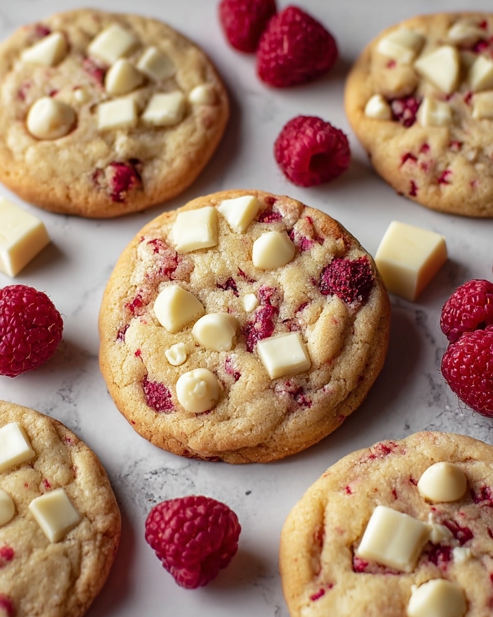 The image shows soft, round cookies with a light golden-brown color, each studded with chunks of white chocolate and pieces of red raspberries visible within the dough. The cookies are placed directly on a white marbled surface, scattered with fresh whole raspberries and irregular white chocolate pieces around them. Each cookie has a slightly textured top with a mix of creamy white and red bits, giving a colorful contrast. The overall setting is bright and clean, emphasizing the fresh and sweet ingredients. photo taken with an iphone --ar 4:5 --v 7