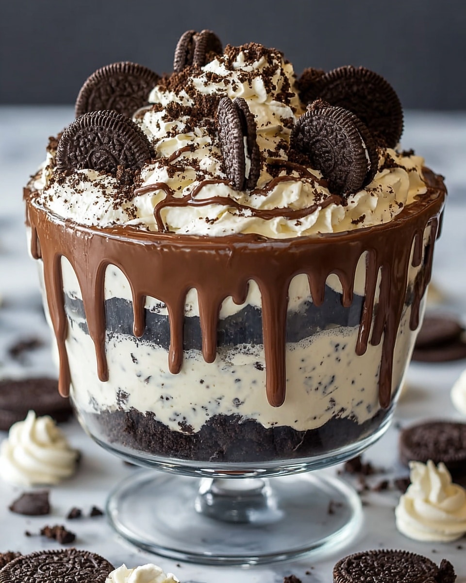 A tall glass dessert with three visible layers, starting at the bottom with a dark brown crumbly cake, followed by a thick creamy white layer with tiny dark specks, and then another thick dark brown cake layer above it. A shiny dark chocolate sauce drips down the sides of the glass, creating a melting effect. The top layer is a light cream topped with swirls of whipped cream, sprinkled with fine chocolate crumbs, bold drizzles of chocolate sauce, and several whole chocolate sandwich cookies evenly placed around the top. The glass is set on a white marbled surface, with some cookies and crumbs scattered loosely around it. Photo taken with an iphone --ar 4:5 --v 7