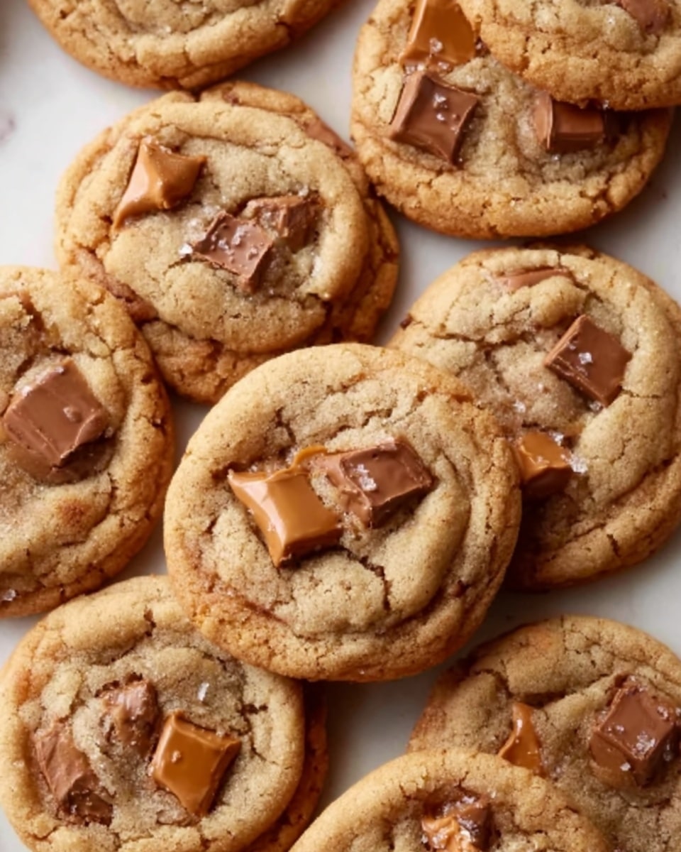 A close-up view of a group of golden-brown cookies with a slightly crinkled top, each cookie filled with scattered chunks of milk chocolate and caramel bits that look glossy and slightly melted. The cookies have a soft, chewy texture with a few small cracks on the surface, arranged closely together on a white marbled background. The overall color palette is warm with light browns, dark browns, and amber tones from the caramel. photo taken with an iphone --ar 4:5 --v 7